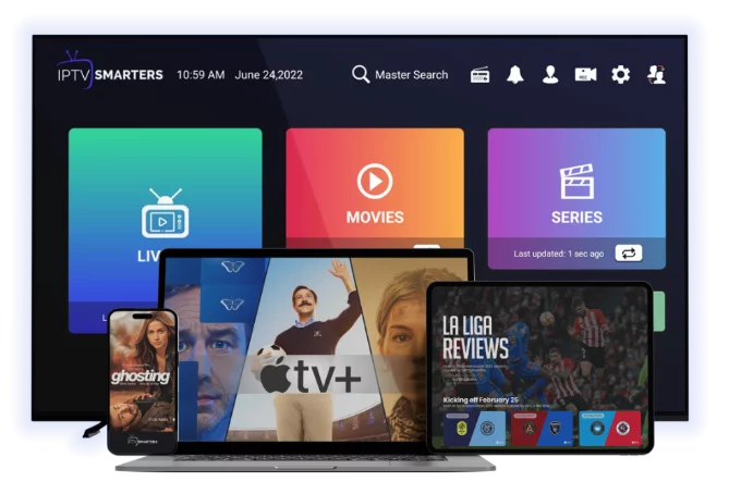 Viking IPTV-gränssnitt visat på flera enheter som visar IPTV Smarters-appen med kategorier för live-TV, filmer och serier tillsammans med mobilt innehåll.