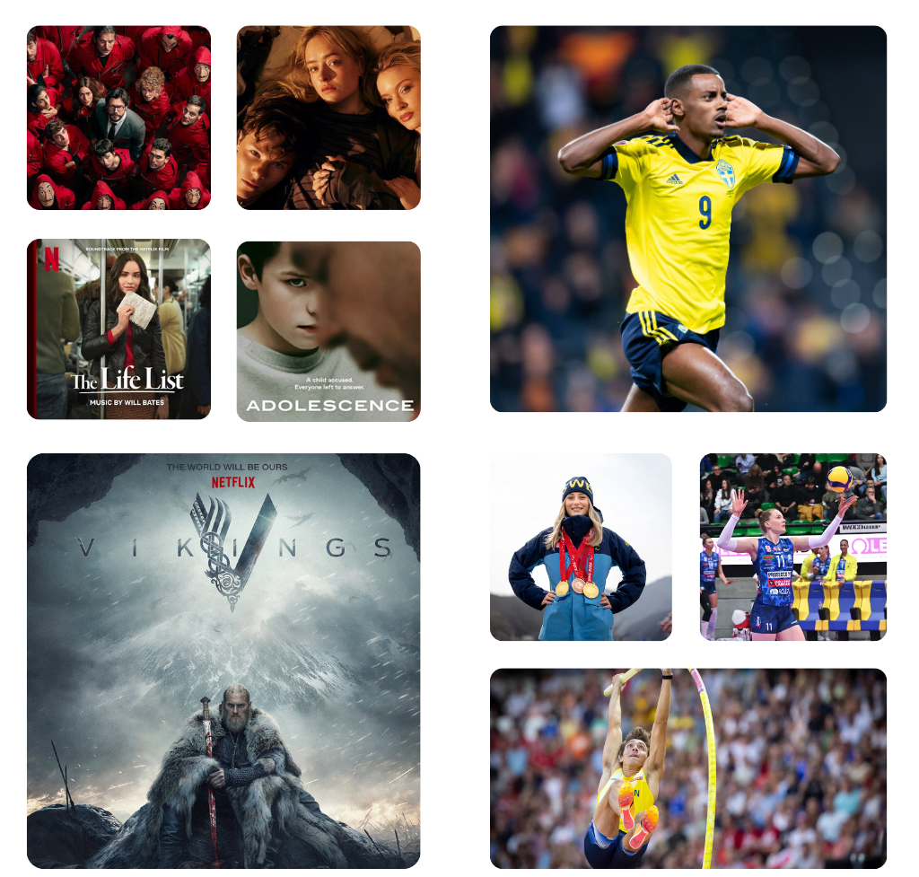 Samling av underhållningsinnehåll på Viking IPTV med TV-serier, filmer och sport. Inkluderar populära serier som La Casa de Papel, Vikings och svensk sport.