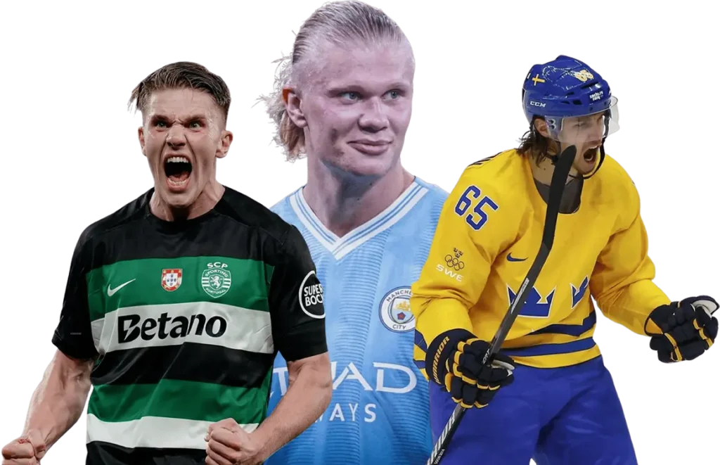 Viking IPTV sportskollage med tre idrottare: Sporting CP-fotbollsspelare som firar i grönrandig tröja, Erling Haaland i Manchester Citys ljusblå tröja, och svensk hockeyspelare i gul landslagsuniform.