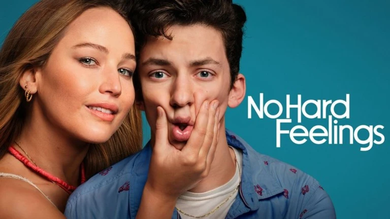 Romantiska komedin "No Hard Feelings" med ett ungt par mot blå bakgrund på Viking IPTV.