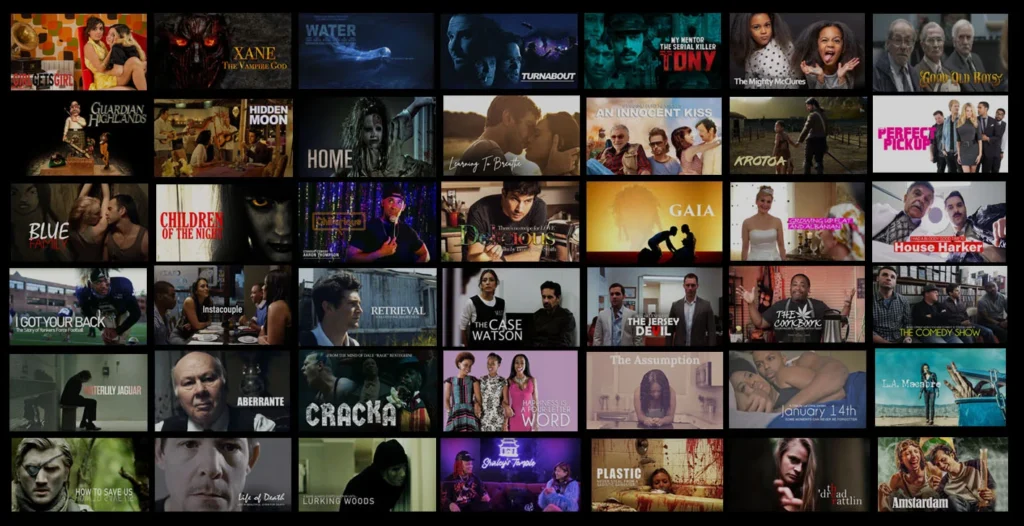 Rutnätsvisning av film- och TV-serieminiatyrer på Viking IPTV, med olika genrer som romantik, skräck, drama, thriller och komedi.