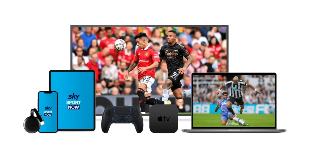 Viking IPTV multi-enhet sportströmningsuppställning med Premier League-fotbollsmatch mellan Manchester United och Arsenal visad på TV, enheter och Apple TV.