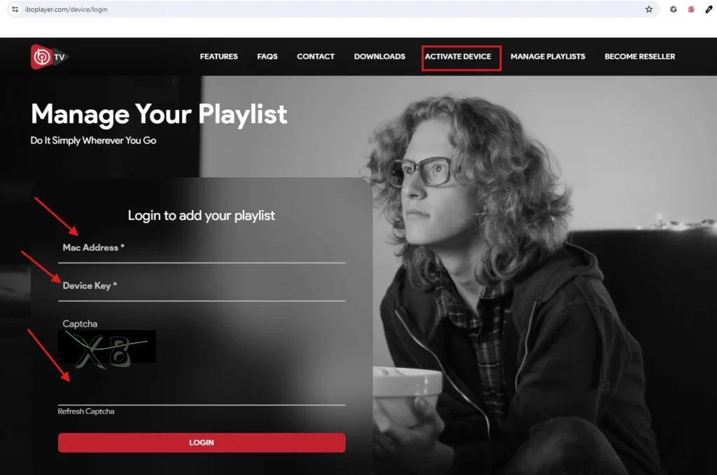 Ange MAC-adressen, enhetsnyckeln och captcha för att komma åt ditt ibo player-konto