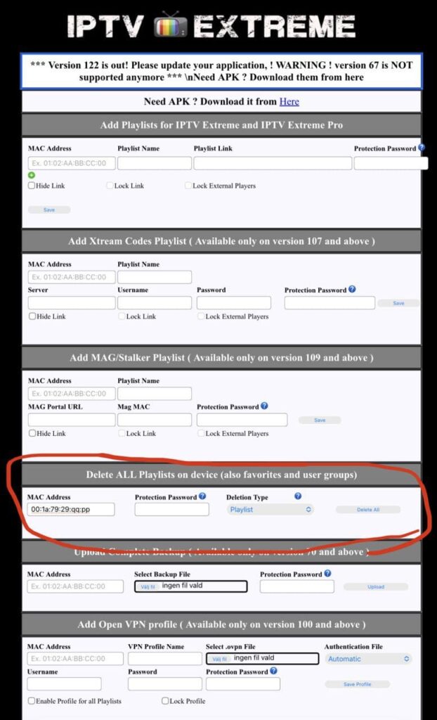 IPTV Extreme webbportal med formulär för att lägga till olika typer av spellistor: M3U, Xtream Codes och MAG/Stalker med röd markering runt borttagningsfunktionen.