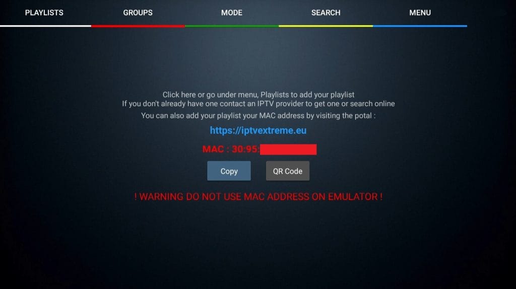 Huvudskärm i IPTV Extreme Pro med navigationsflikar, MAC-adress och webbportallänk för spellistahantering