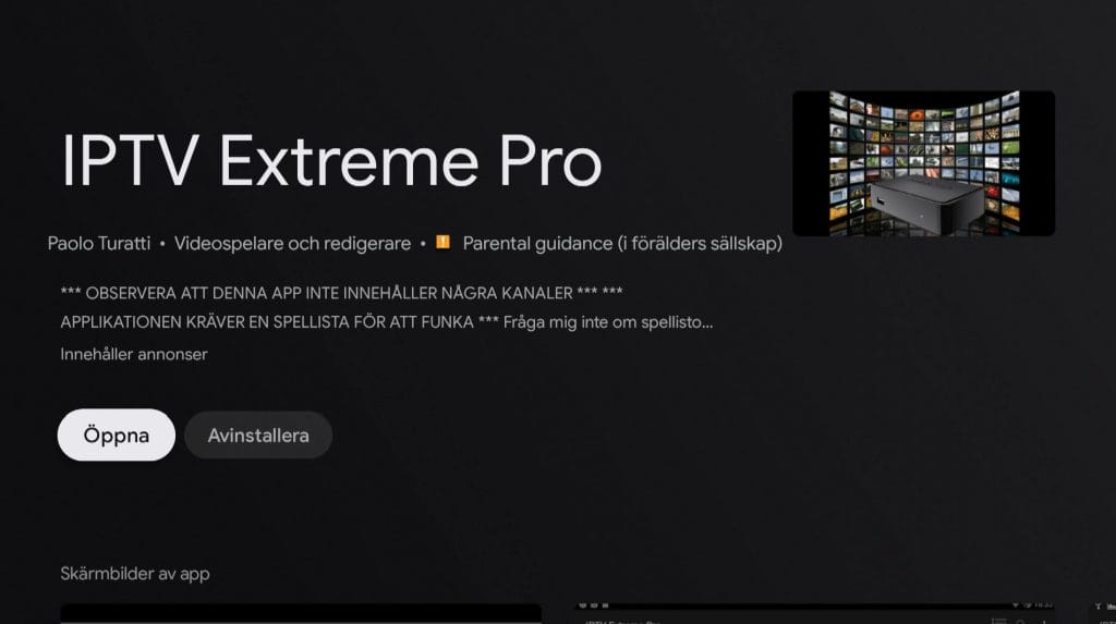 IPTV Extreme Pro applikation i Google Play Store med appinformation och installationsknapp på mörk bakgrund