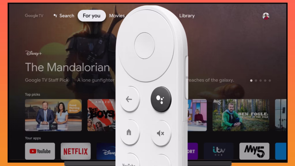 En vit Chromecast-fjärrkontroll visad mot bakgrund av Google TV-gränssnittet som visar The Mandalorian och populära strömningsappar som YouTube, Netflix och Disney+RetryClaude can make mistakes. Please double-check responses.