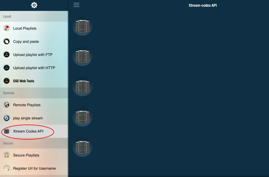 Klicka på xtream codes api i gse smart iptv-appen