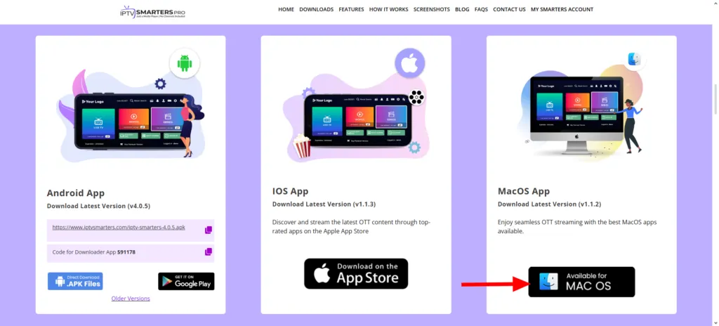Klicka på MacOS-knappen för att installera IPTV Smarters Pro på dina MacOS.